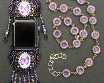 Apple Watch Necklace - 42-44-45 mm SE - Women's - Adjustable - "Purple Butterflies"