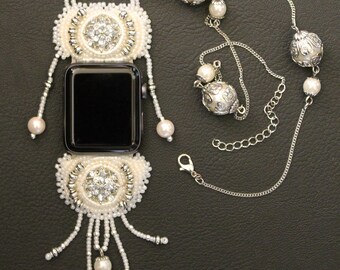 Apple Watch Necklace - 38-40-41mm - Women's - Adjustable - "Rhinestones on White"