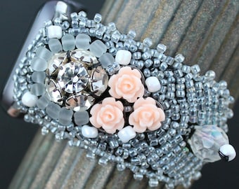 Apple Watch Band - 42-44-45 mm - Women's - Adjustable - "Peachy Posies and Rhinestones"