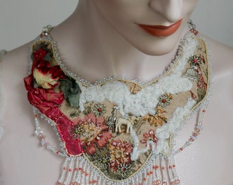 bib necklace online Bead Embroidered Necklace - Fantasy Boho Chic Bib Necklace - "Mary Had a Little Lamb"