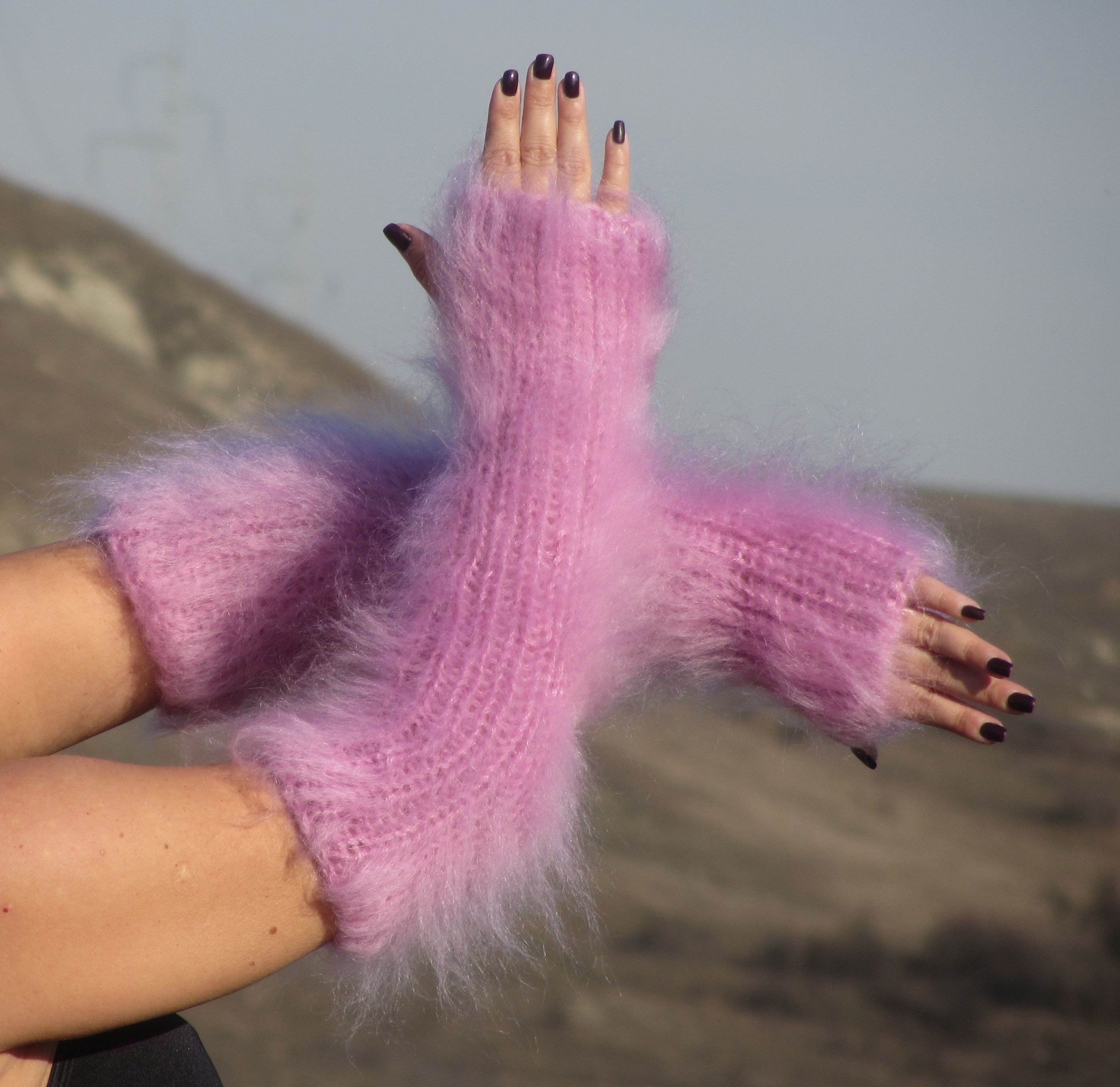 FUZZY MOHAIR Hand Knitted Light Pink Melange Fingerless Gloves Etsy UK