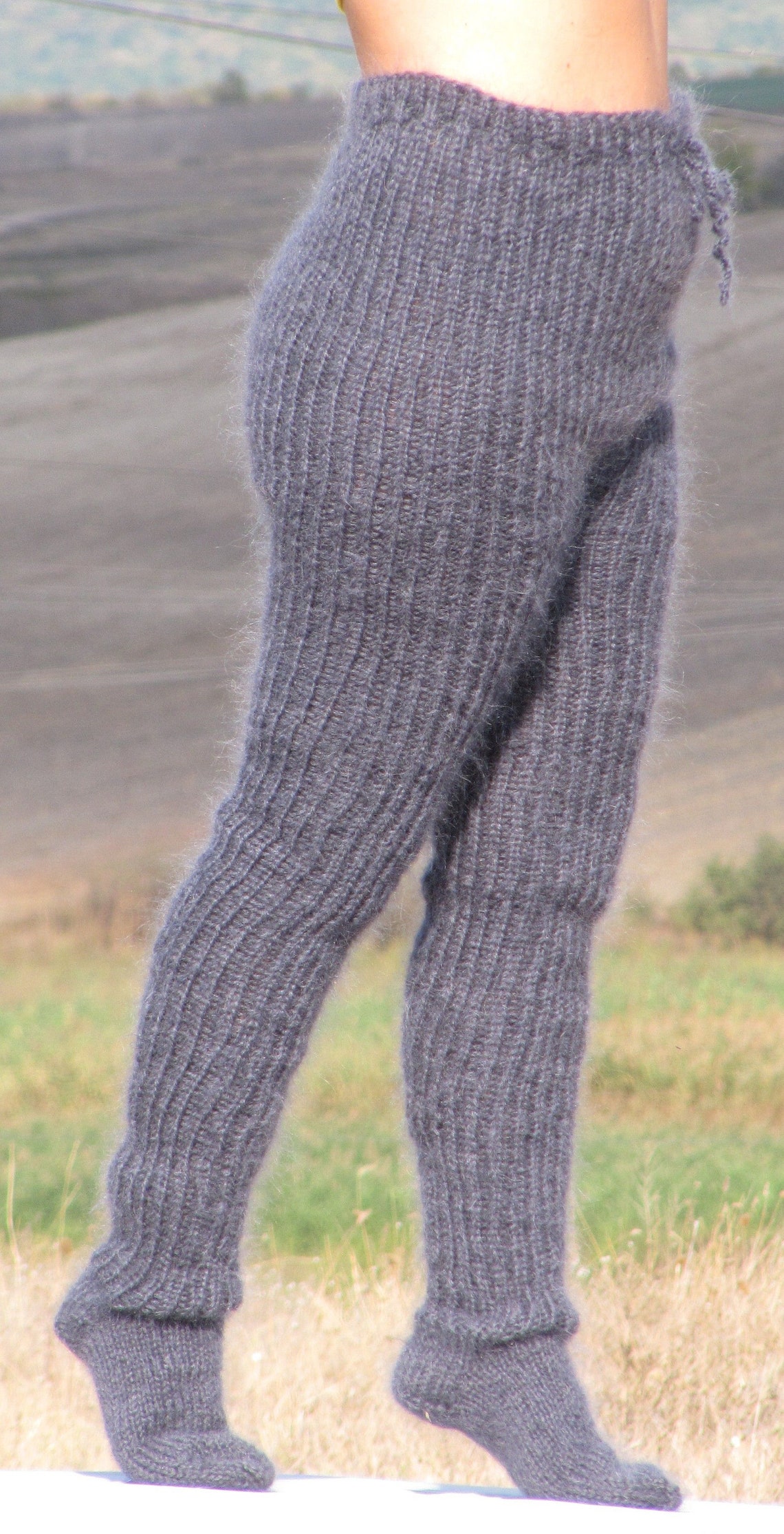 MOHAIR Dark Grey Pants With Socks Trousers With Socks Handknit Leggings ...