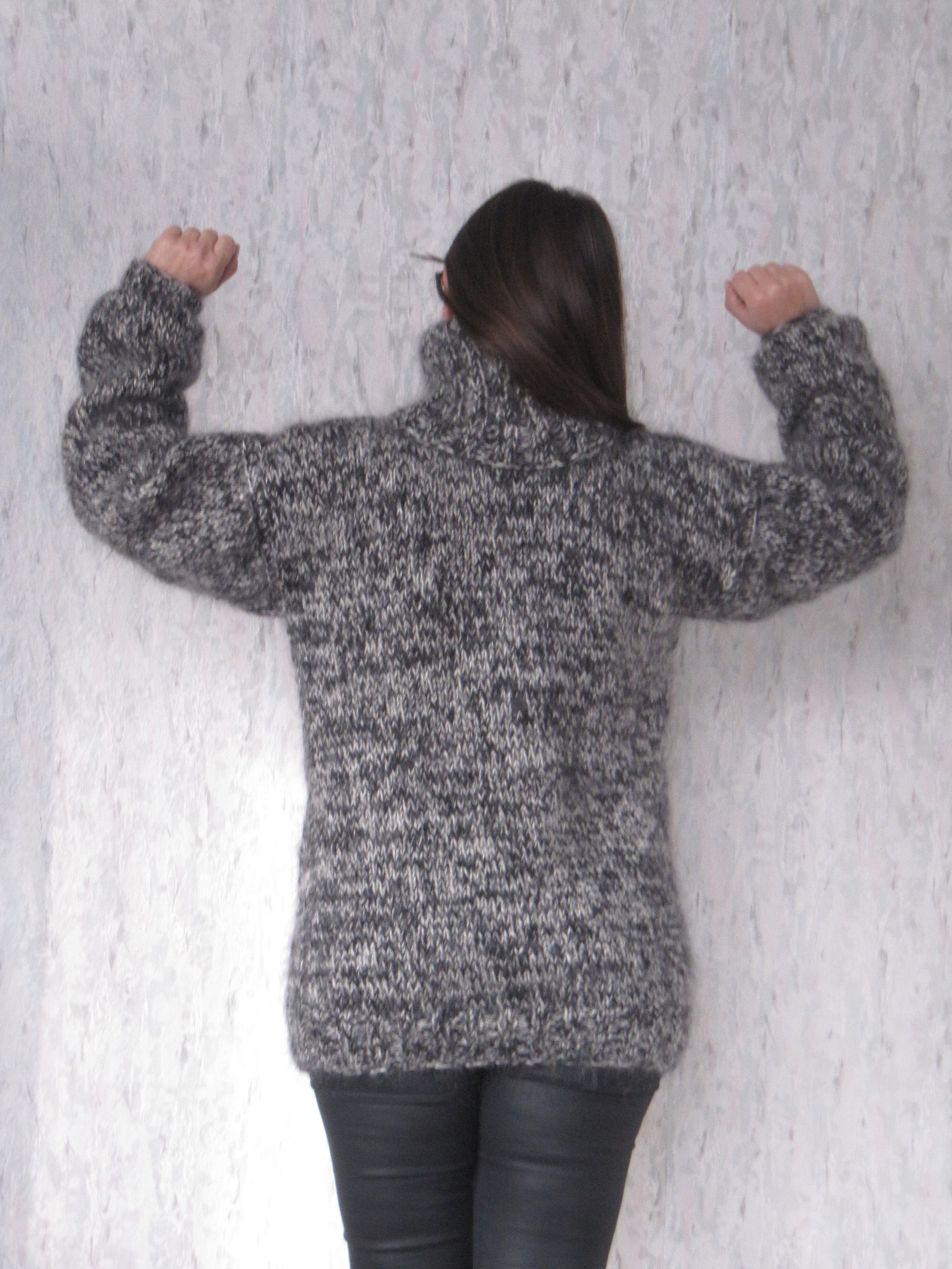 MOHAIR Hand Knitted BLACK WHITE Sweater Turtleneck Pullover Jumper