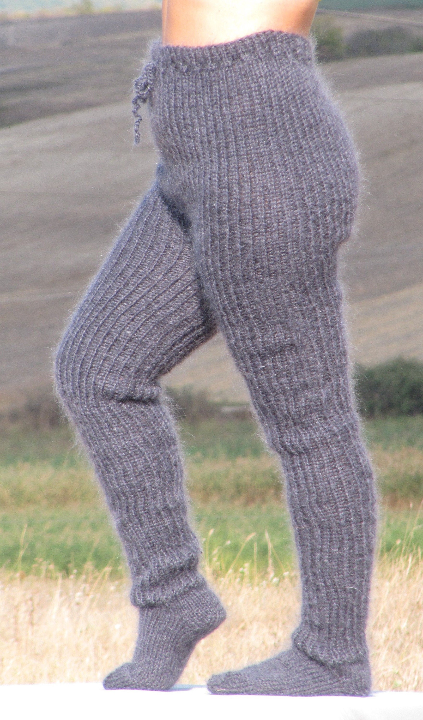 MOHAIR Dark Grey Pants With Socks Trousers With Socks Handknit - Etsy