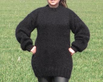 MOHAIR Hand Knitted BLACK Sweater Crew Neck Unisex Pullover Jumper Fluffy