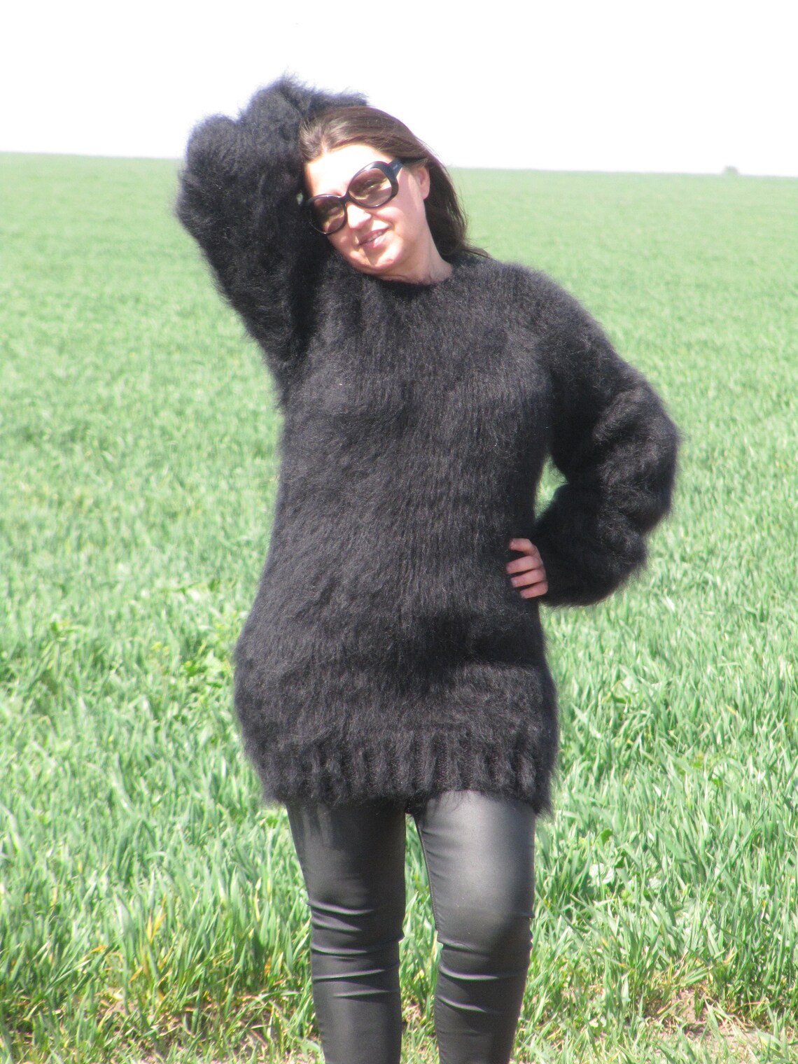 FUZZY MOHAIR Hand Knitted BLACK Sweater Pullover Handmade Soft | Etsy