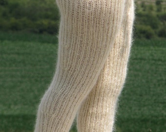 MOHAIR CREAM pants with socks fuzzy trousers with socks handknit leggings