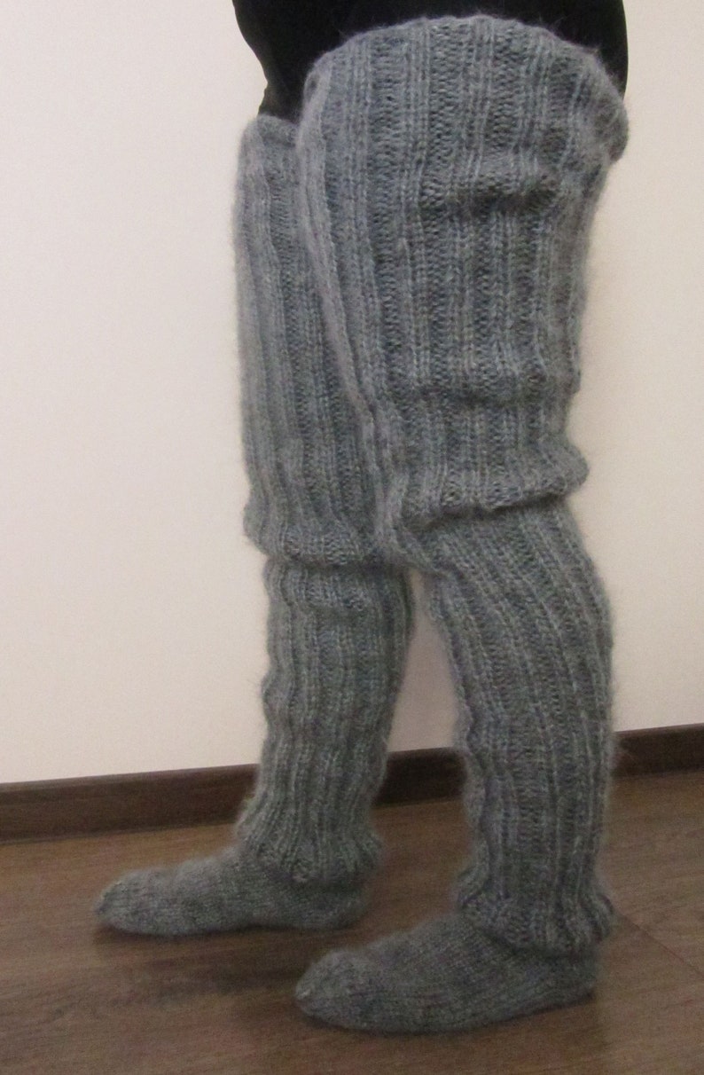 Mohair Hand knitted Long socks stockings GREY MELANGE leg warmers Fluffy Soft Cozy image 2