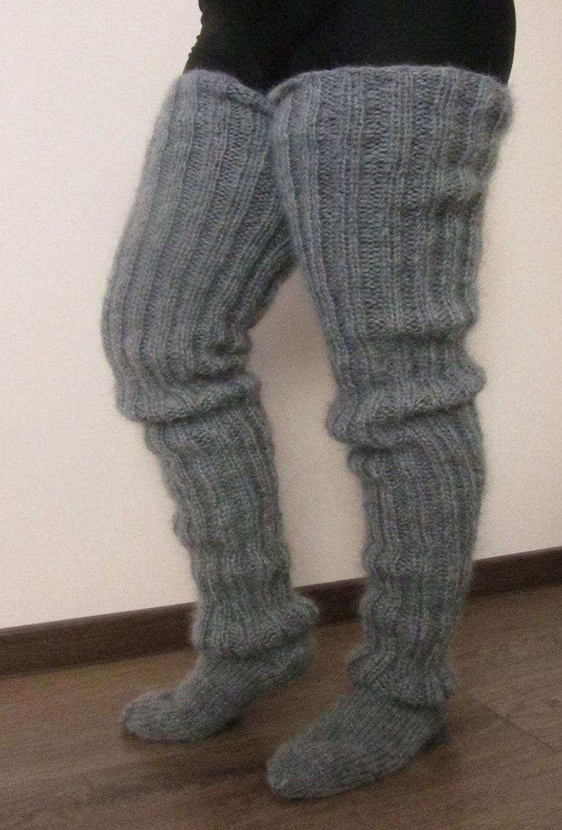 Mohair Hand knitted Long socks stockings GREY MELANGE leg warmers Fluffy Soft Cozy image 6