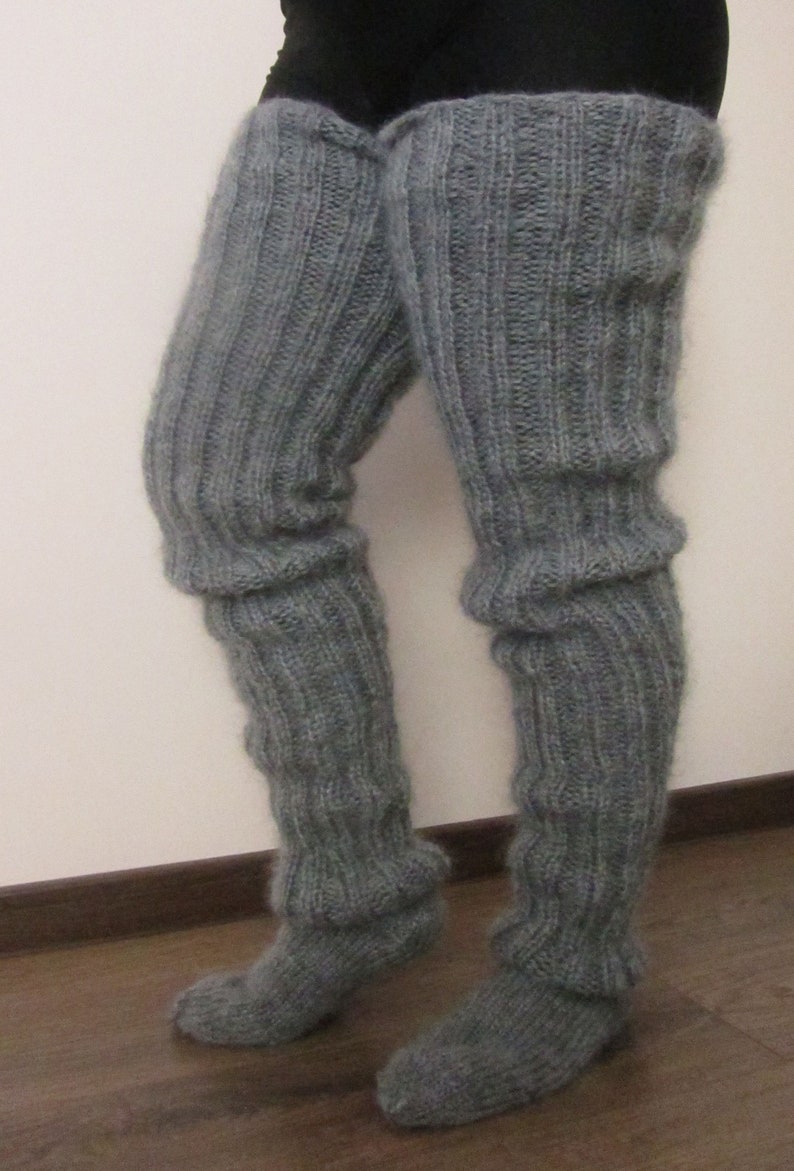 Mohair Tricoté à la main Chaussettes longues Bas Jambières GRIS MÉLANGÉ Fluffy Soft Cosy image 6