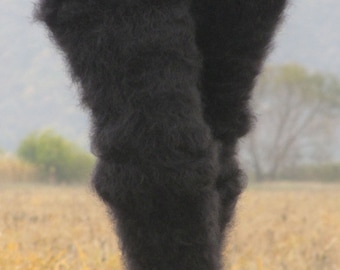 FUZZY Mohair Hand knitted Long socks stockings BLACK leg warmers unisex Fluffy