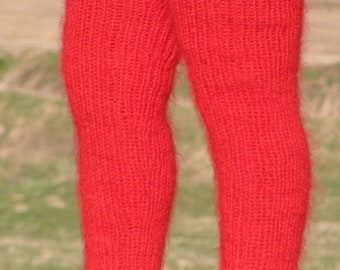 MOHAIR hand knitted Bright RED gaiters LEGWARMERS legging spats Unisex Ribbed Soft