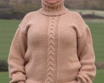 WOOL Hand Knitted BEIGE Cable Sweater Turtleneck Unisex Pullover Jumper