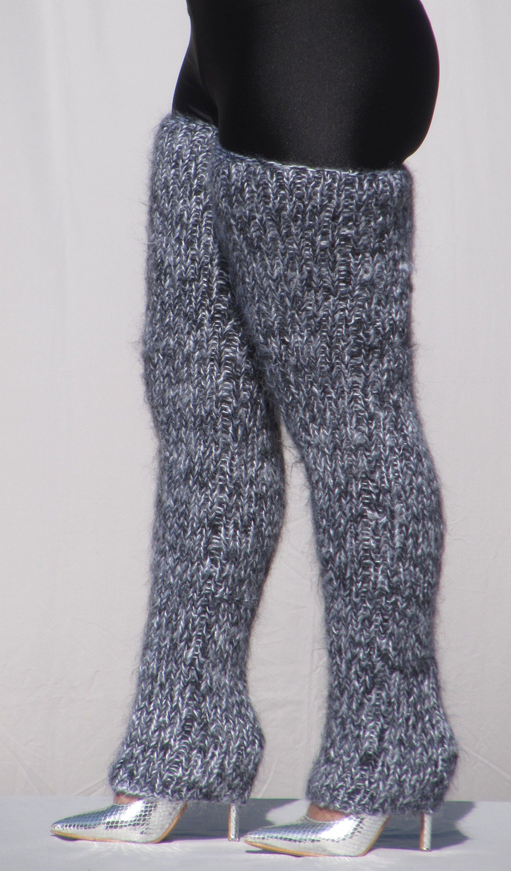 MOHAIR Hand Knitted BLACK & WHITE Gaiters Legwarmers Legging Spats