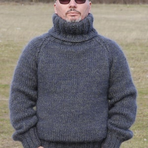 WOOL § MOHAIR Hand Knitting GREY Pullover Unisex Sweater Turtleneck thick Jumper