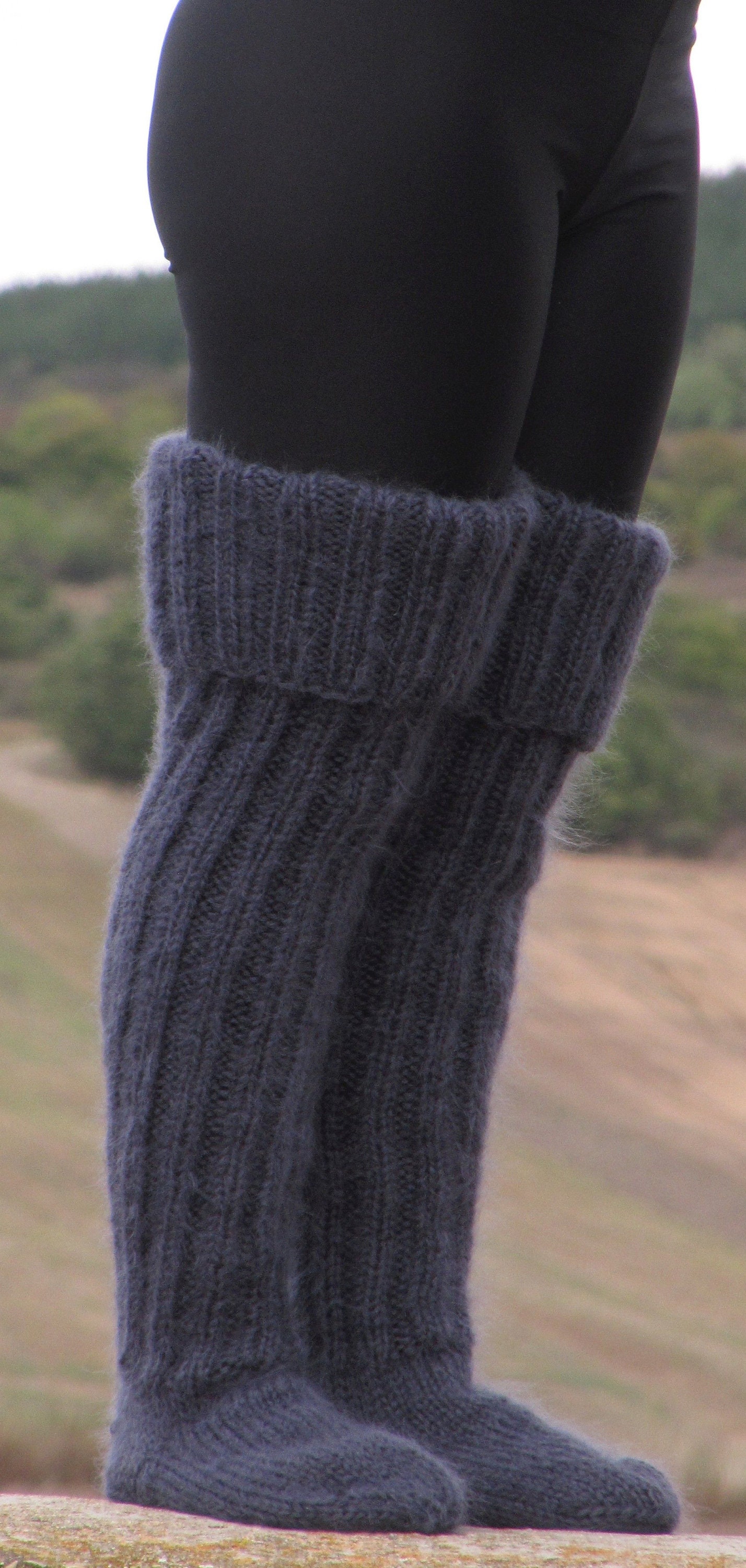 MOHAIR Hand Knitted Long Socks Stockings DARK GREY Leg Warmers Etsy