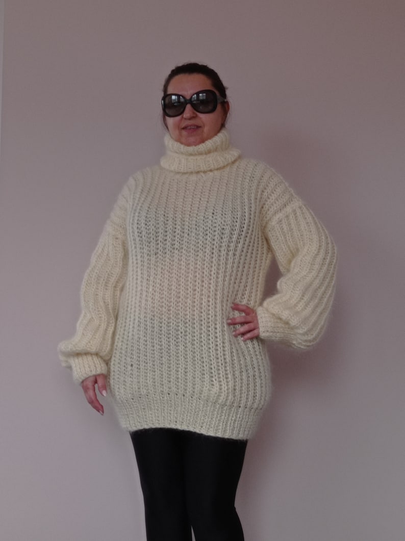 MOHAIR Hand Knitted IVORY Sweater Turtleneck Ribbed Pullover Handmade ...