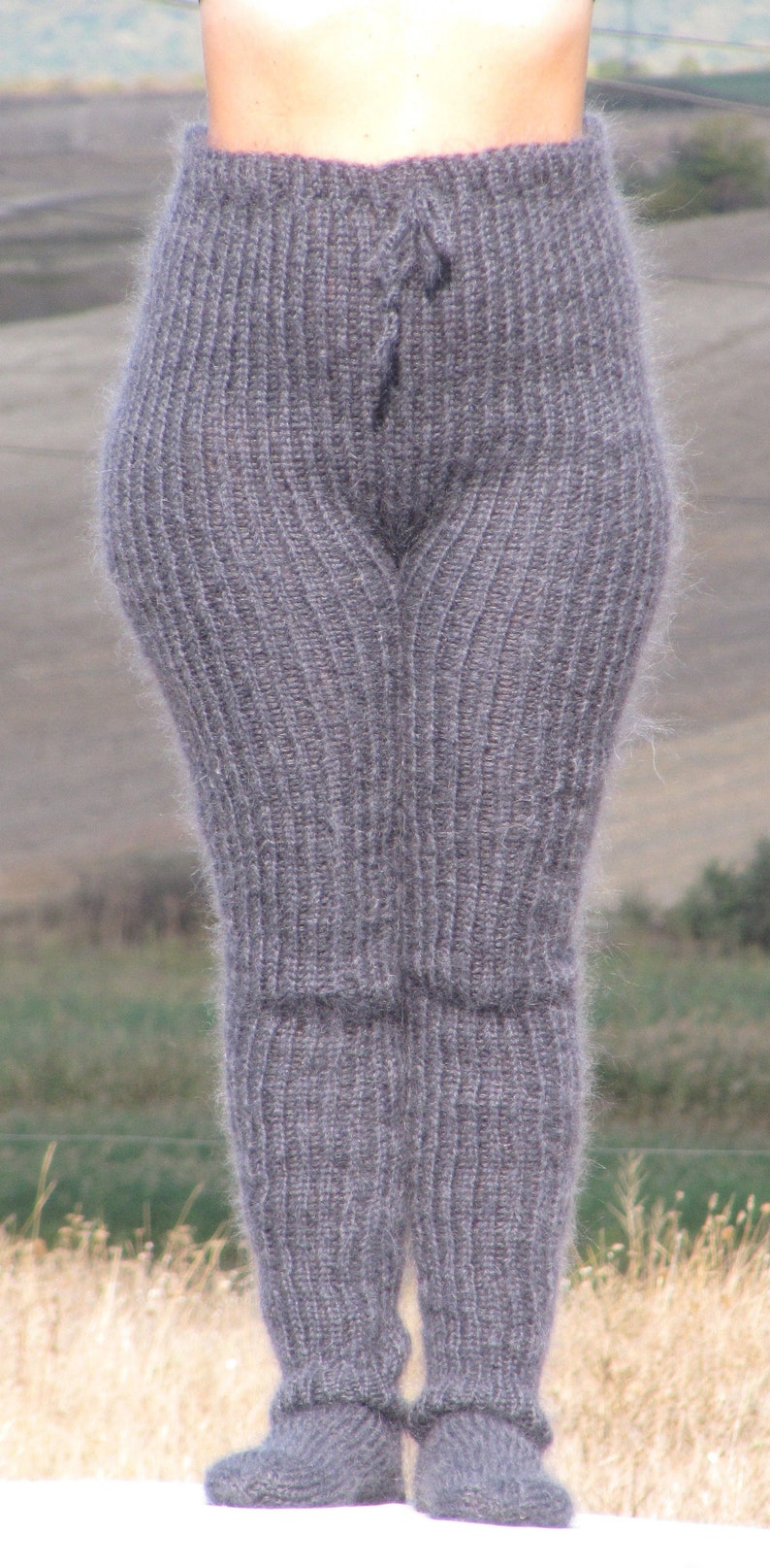 MOHAIR Dark Grey Pants With Socks Trousers With Socks Handknit - Etsy
