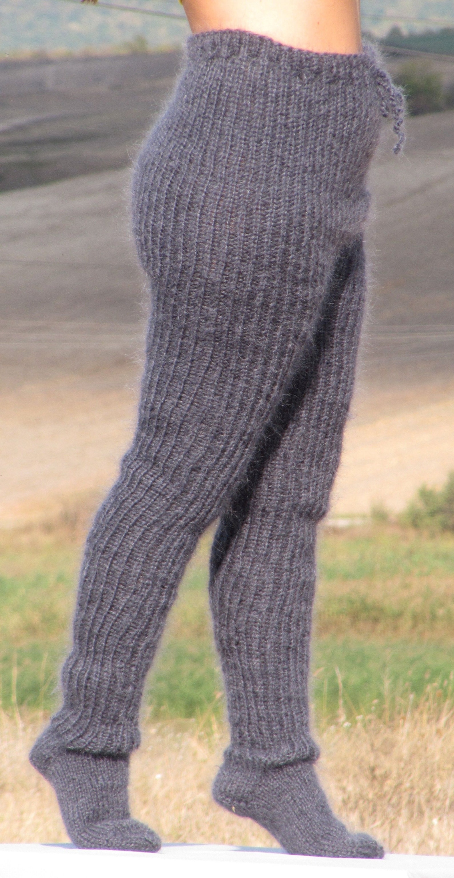 MOHAIR Dark Grey Pants With Socks Trousers With Socks Handknit - Etsy