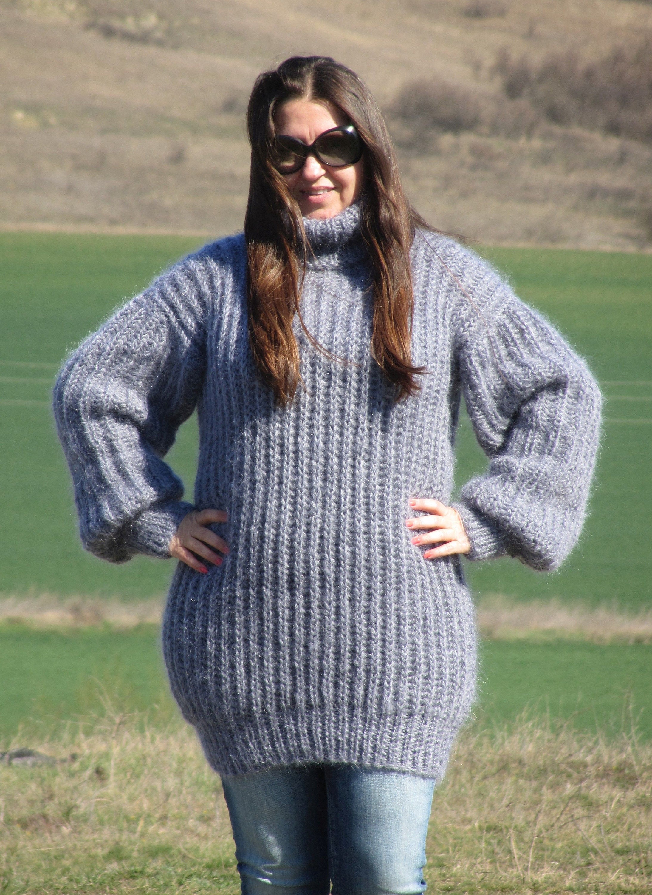 MOHAIR Hand Knitted GREY MELANGE Sweater Turtleneck Ribbed