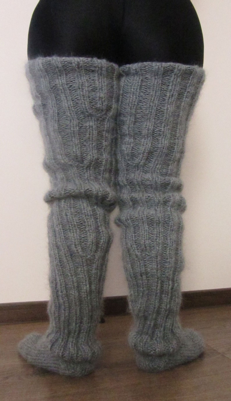 Mohair Hand knitted Long socks stockings GREY MELANGE leg warmers Fluffy Soft Cozy image 8