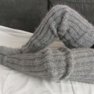 Mohair Hand knitted Long socks stockings GREY MELANGE leg warmers Fluffy Soft Cozy image 5