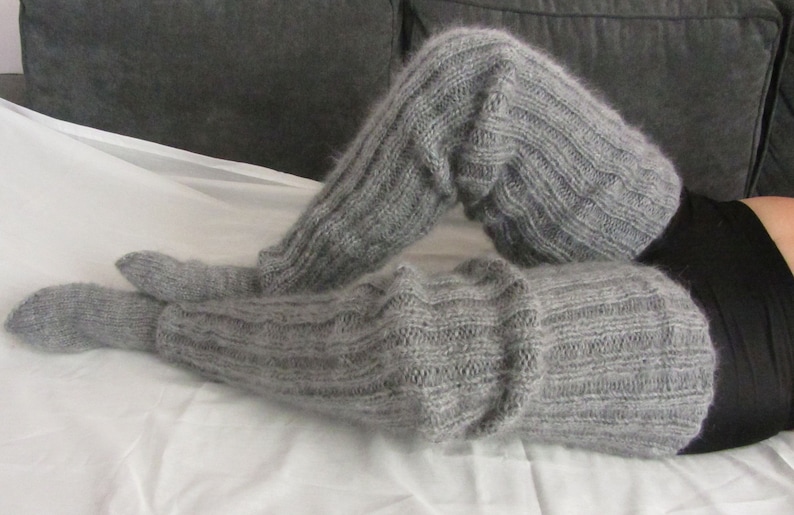 Mohair Hand knitted Long socks stockings GREY MELANGE leg warmers Fluffy Soft Cozy image 5