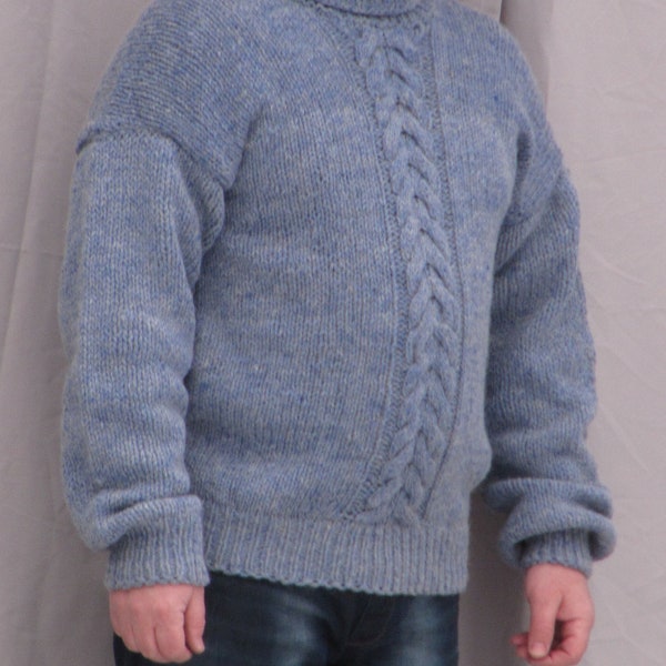 WOOL 100 % Raw Organic Natural Hand Knit BLUE MELANGE Sweater Turtleneck Cable