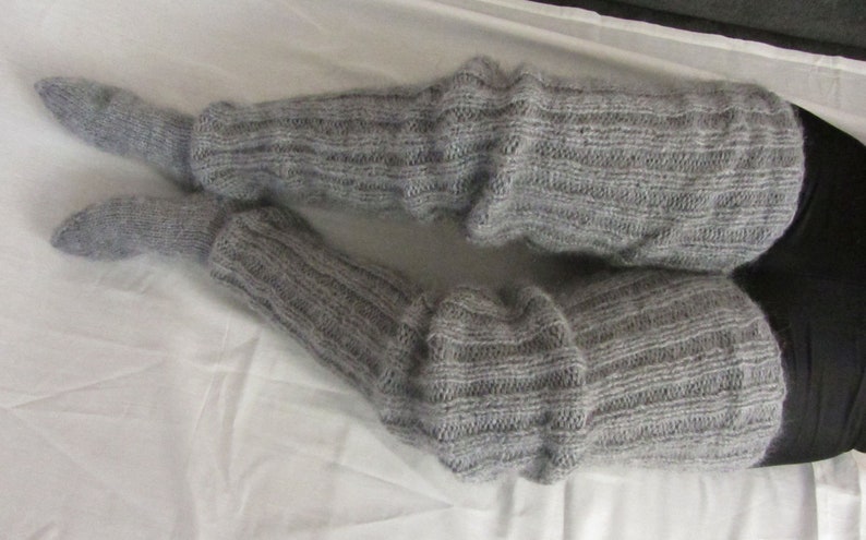 Mohair Hand knitted Long socks stockings GREY MELANGE leg warmers Fluffy Soft Cozy image 9