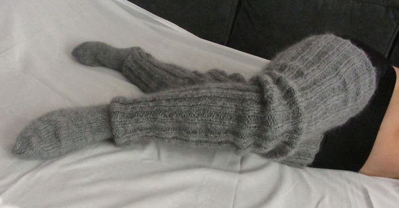 Mohair Hand knitted Long socks stockings GREY MELANGE leg warmers Fluffy Soft Cozy image 1