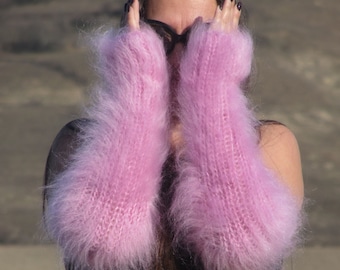 FUZZY MOHAIR hand knitted Light Pink melange fingerless gloves handwarmers Soft Fluffy