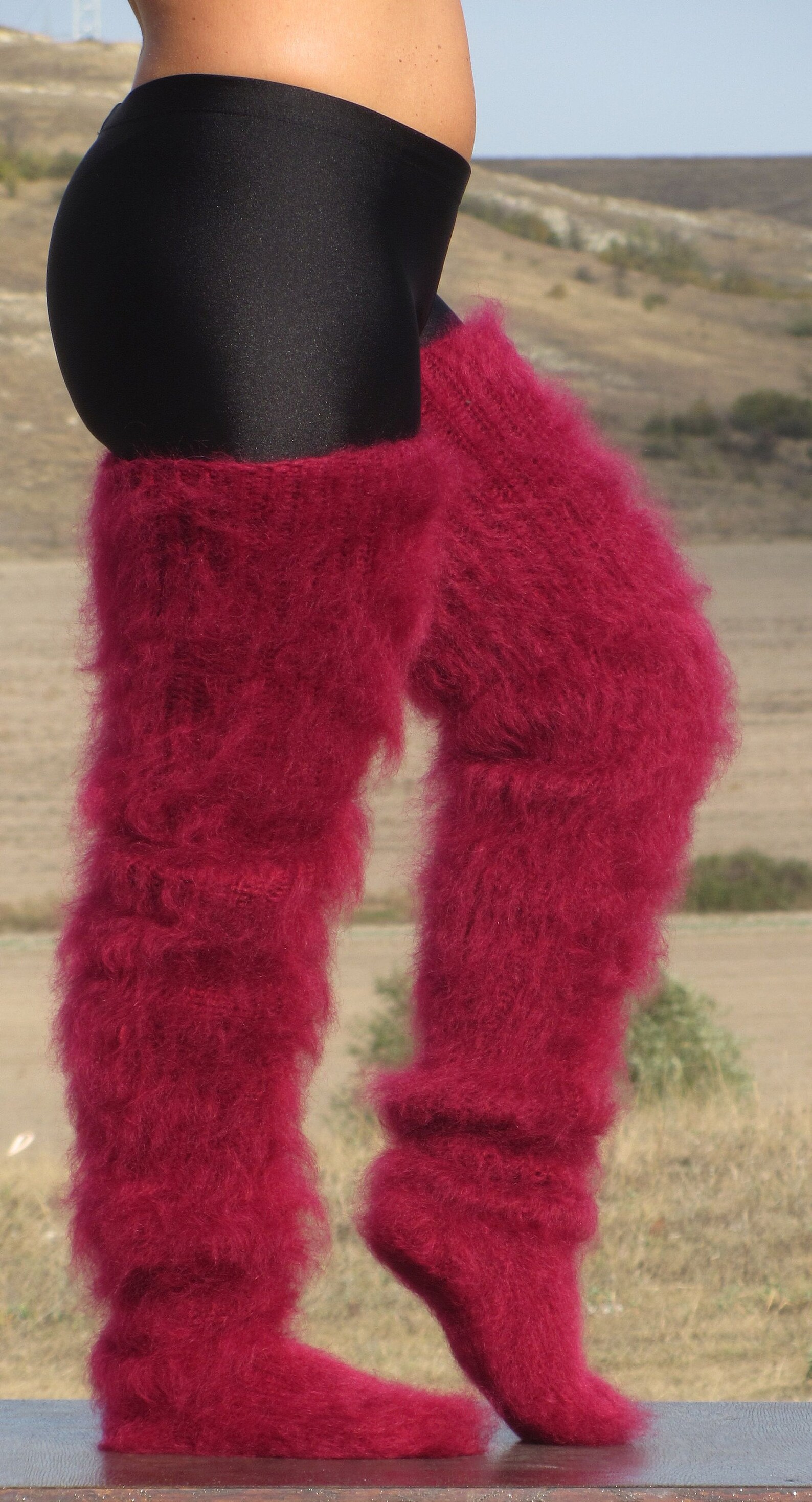 Burgundy Red Long Mohair Socks, Hand Knitted Legwarmers, Fuzzy Socks, Fluffy Socks, Winter Socks