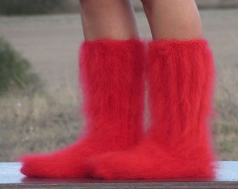 FUZZY Short mohair socks BRIGHT RED thick hand knitted fluffy leg warmers soft Cozy