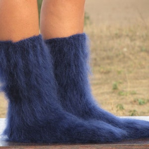 FUZZY Short mohair socks NAVY BLUE thick hand knitted fluffy leg warmers soft