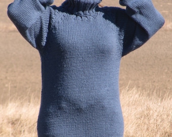 WOOL Hand Knit DARK BLUE Sweater Turtleneck Unisex Pullover Jumper Raglan Sleeve