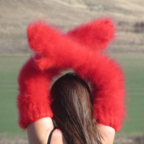 FUZZY Mohair BRIGHT RED long mittens thick warm handmade soft ski Cosy Gloves Fluffy