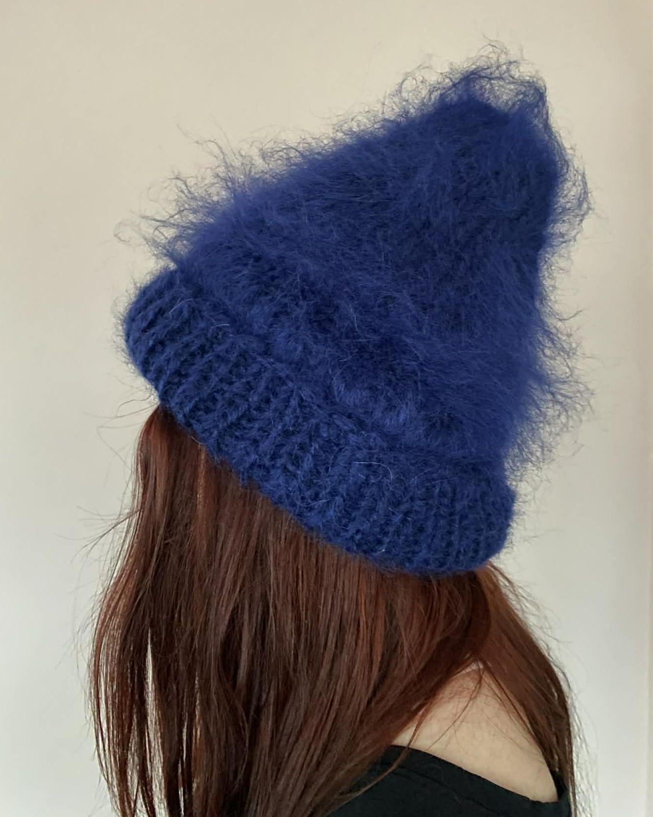 Handmade knit winter hat mohair navy blue one size fits most girls women Hand Knit Hat In Women main image 4