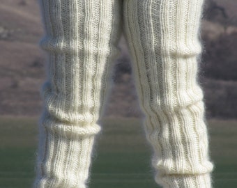 MOHAIR Hand knitted Long socks stockings IVORY leg warmers unisex soft Cosy