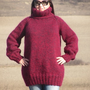 WOOL MOHAIR Hand Knitting Dark Red Pullover Sweater Turtleneck thick Jumper Soft