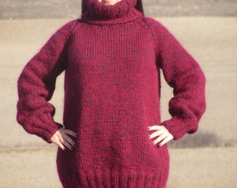 Laine MOHAIR tricot à la main pull rouge foncé pull col roulé épais pull doux