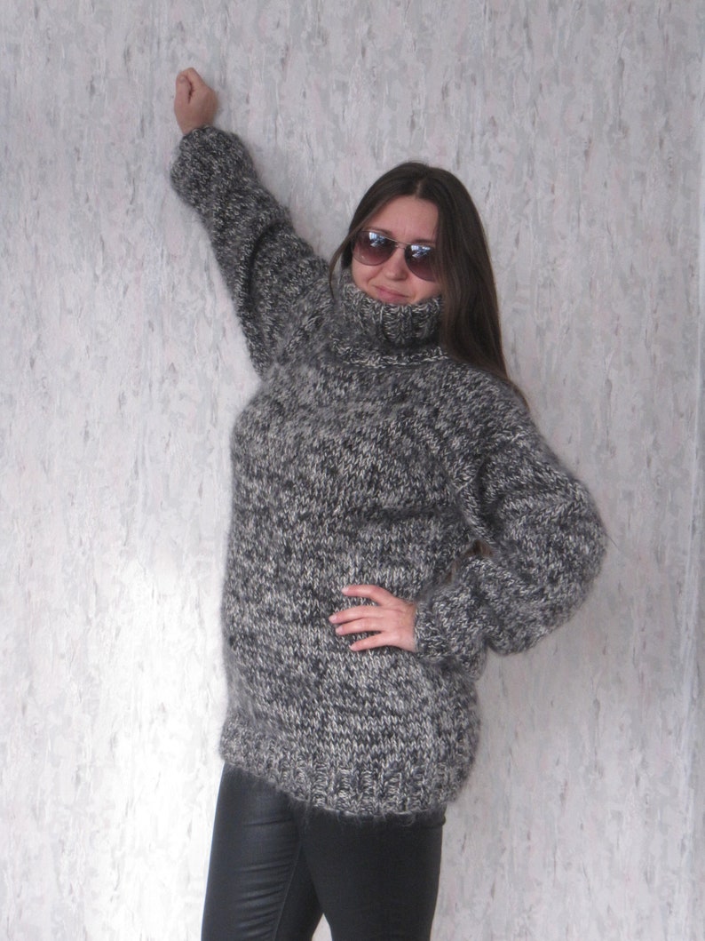 MOHAIR Hand Knitted BLACK & WHITE Sweater Turtleneck Pullover Jumper ...