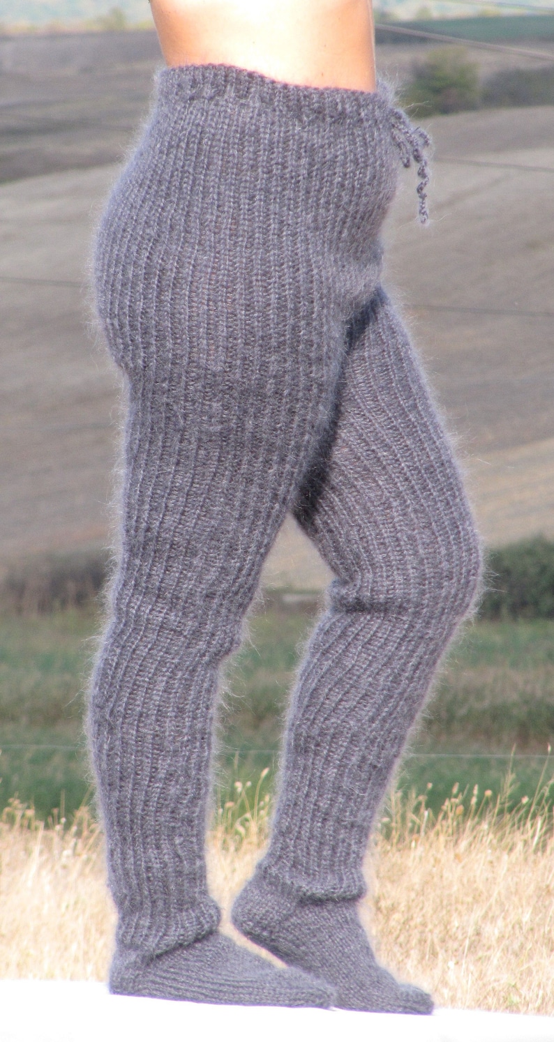 MOHAIR Dark Grey Pants With Socks Trousers With Socks Handknit Leggings ...