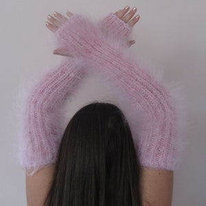 FUZZY MOHAIR hand knitted Powder & Cream melange fingerless gloves handwarmers Soft Fluffy