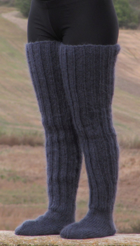 MOHAIR Hand Knitted Long Socks Stockings DARK GREY Leg Warmers