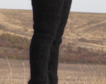 MOHAIR hand knitted BLACK gaiters LEGWARMERS legging spats Unisex Soft Ribbed