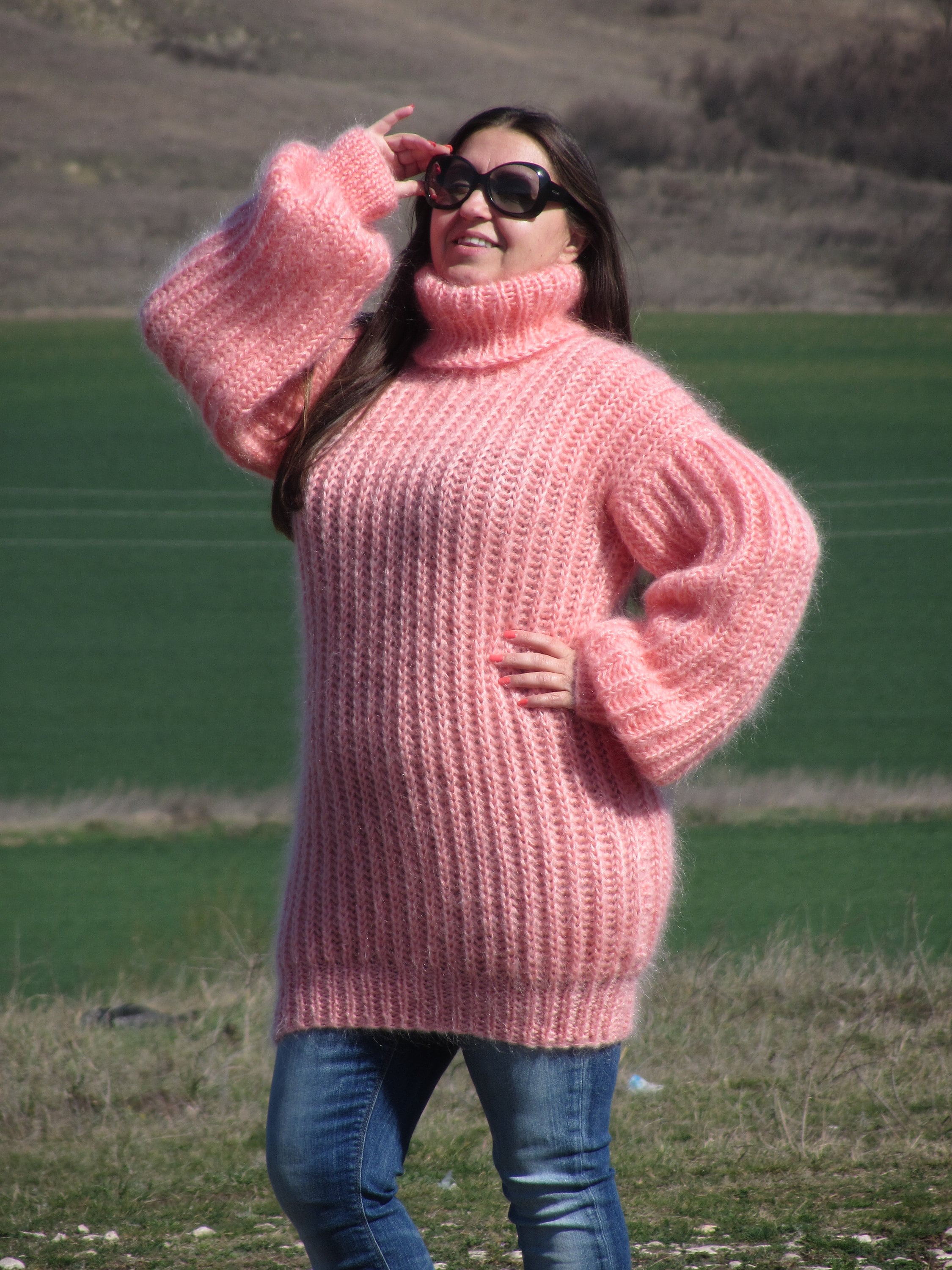 MOHAIR Hand Knitted SALMON Sweater Turtleneck Ribbed Pullover Etsy UK