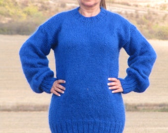 MOHAIR Hand Knitted ROYAL BLUE Sweater Crew Neck Unisex Pullover Jumper Fluffy