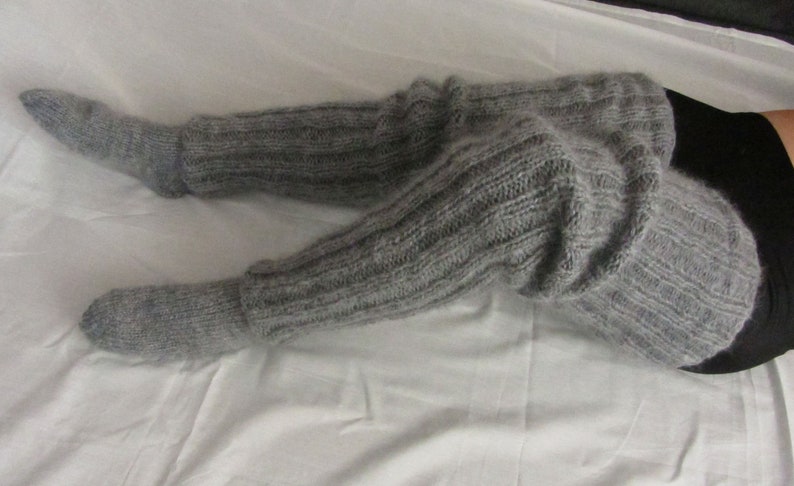Mohair Hand knitted Long socks stockings GREY MELANGE leg warmers Fluffy Soft Cozy image 7
