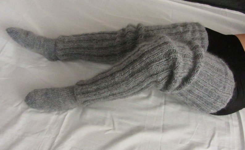 Mohair Tricoté à la main Chaussettes longues Bas Jambières GRIS MÉLANGÉ Fluffy Soft Cosy image 7