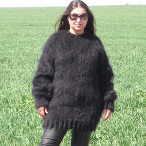 FUZZY MOHAIR Hand Knitted BLACK Sweater Pullover Handmade Soft Fluffy Cosy Crew Neck